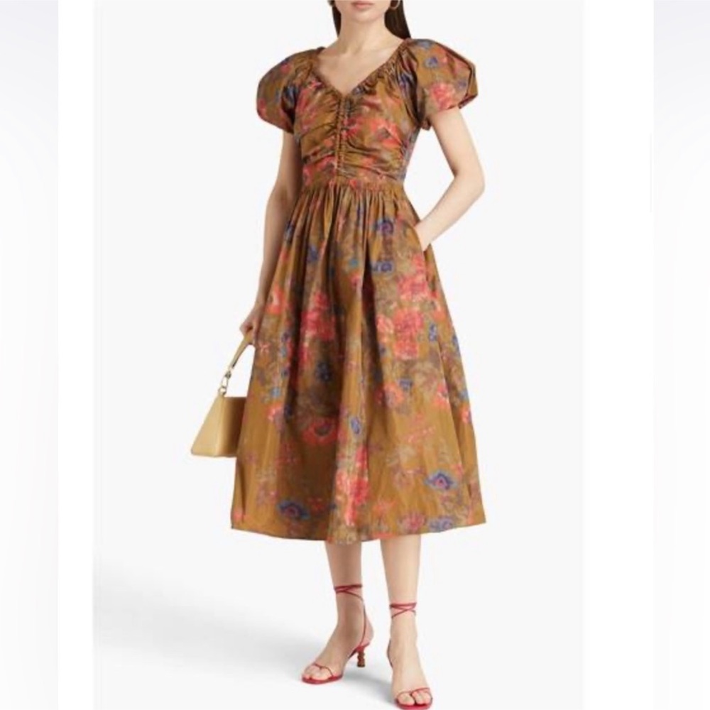 Ulla Johnson Brown Floral Midi Dress with Pink & Blue Accents